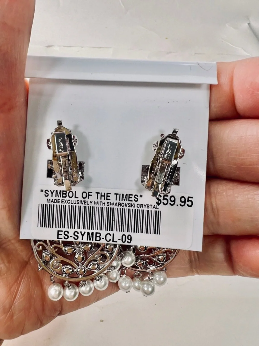 Fifth Avenue Collection Swarovski Silver Pearl Drop Chandelier Earrings - Picture 6 of 6